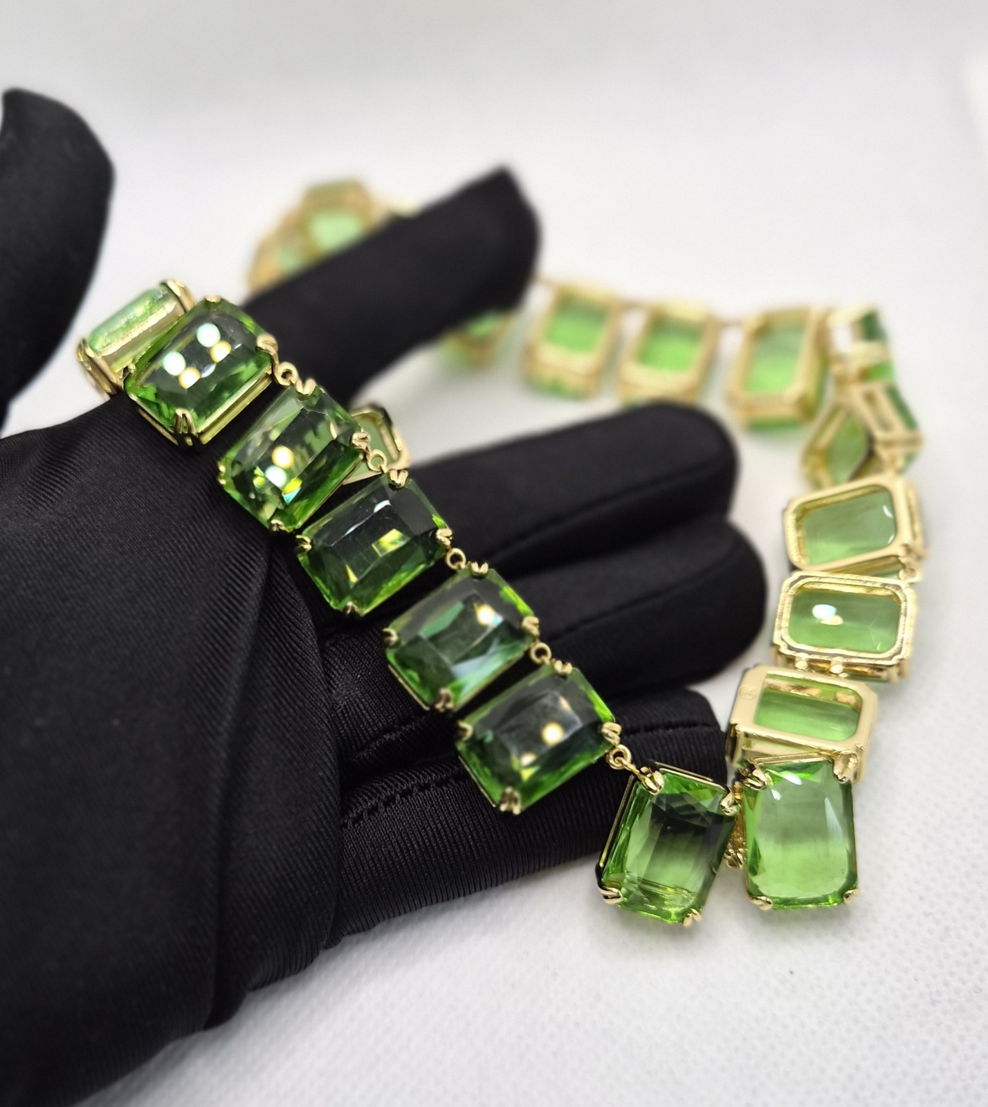 Tennis Necklace Earrings Crystal Octagon Green Gold Tone Set Inspired Millenia