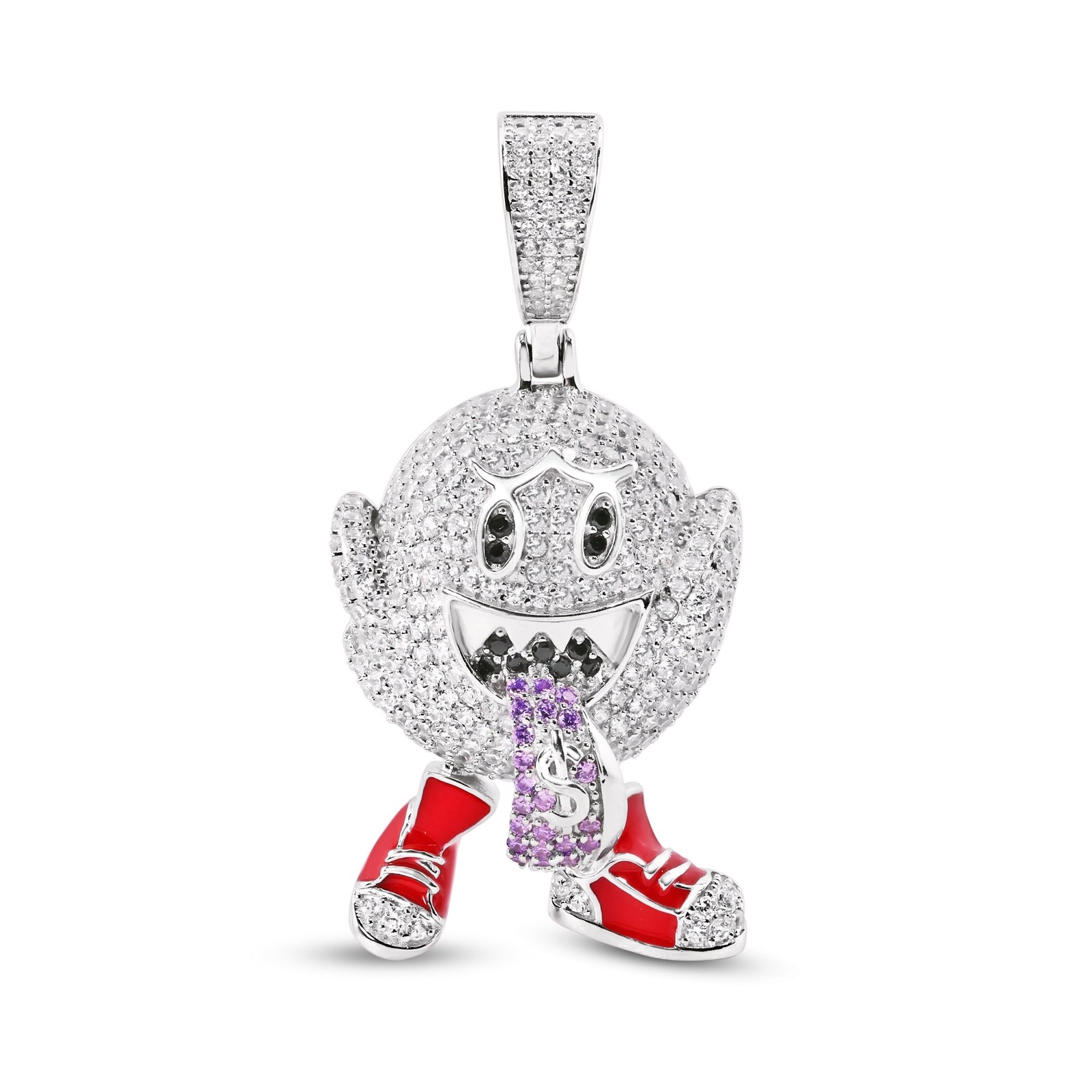 Rhodium Plated 925 Sterling Silver Ghost Tounge Out Clear Money $ CZ Pendant