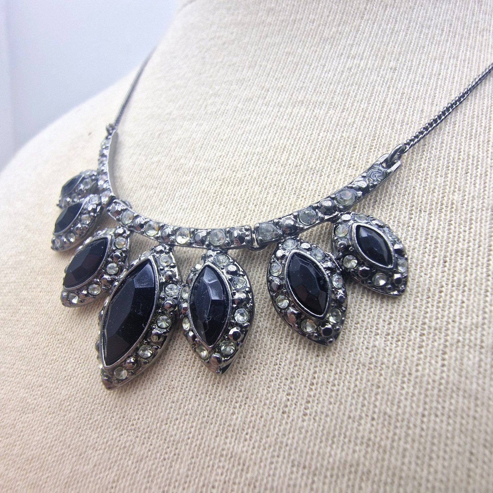 SAC Black Rhinestone Bib Necklace Gunmetal Tone Statement Costume Jewellery