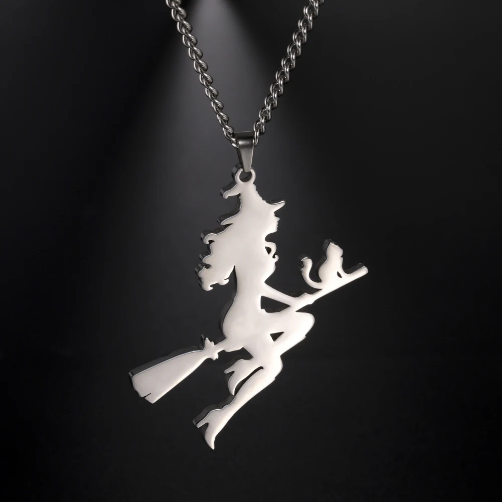 Witch Cat Flying Magic Broom Pendant Necklace for Women Men Stainless Steel