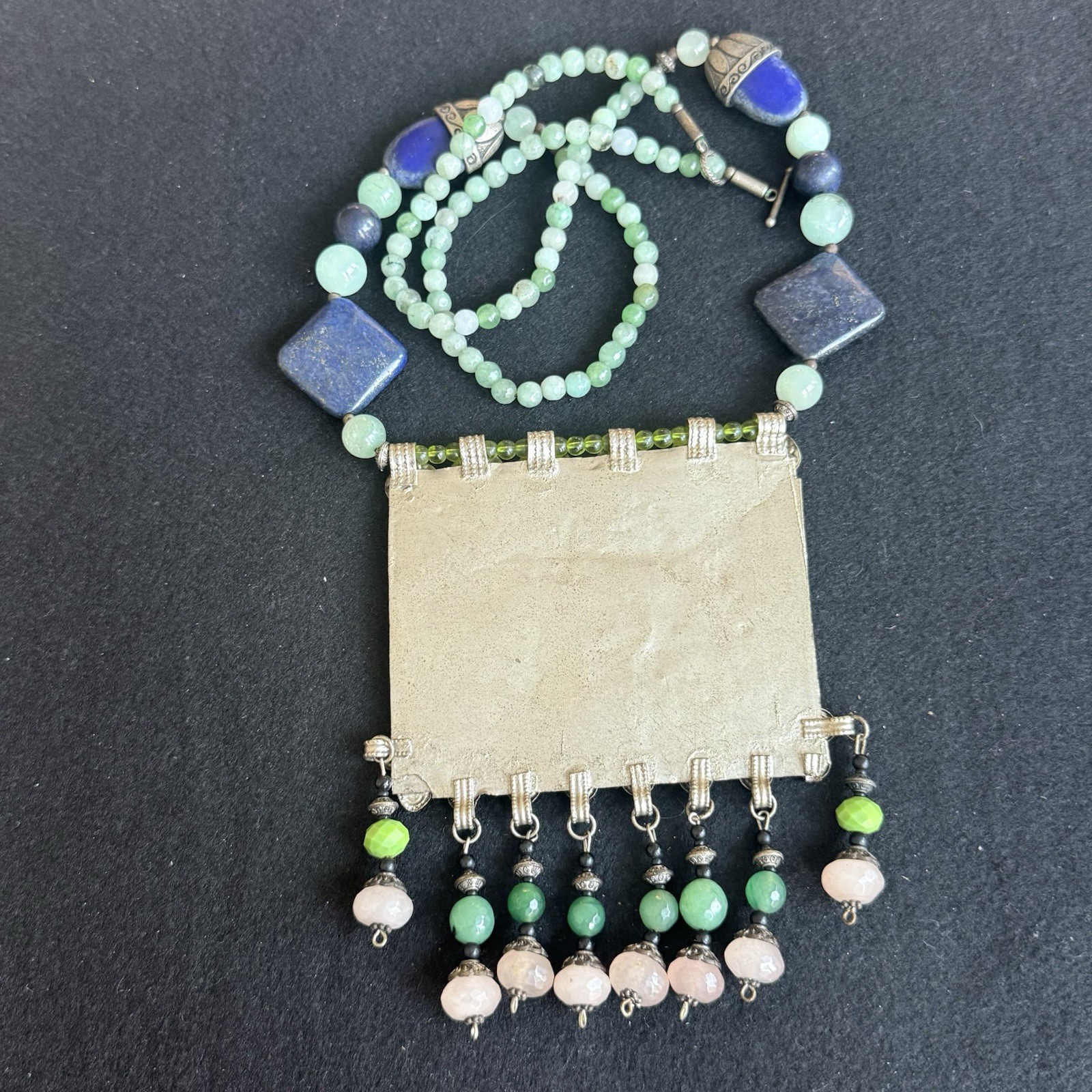 Multicolor Beaded Statement Necklace Silver Rectangle Floral Charm Dangle