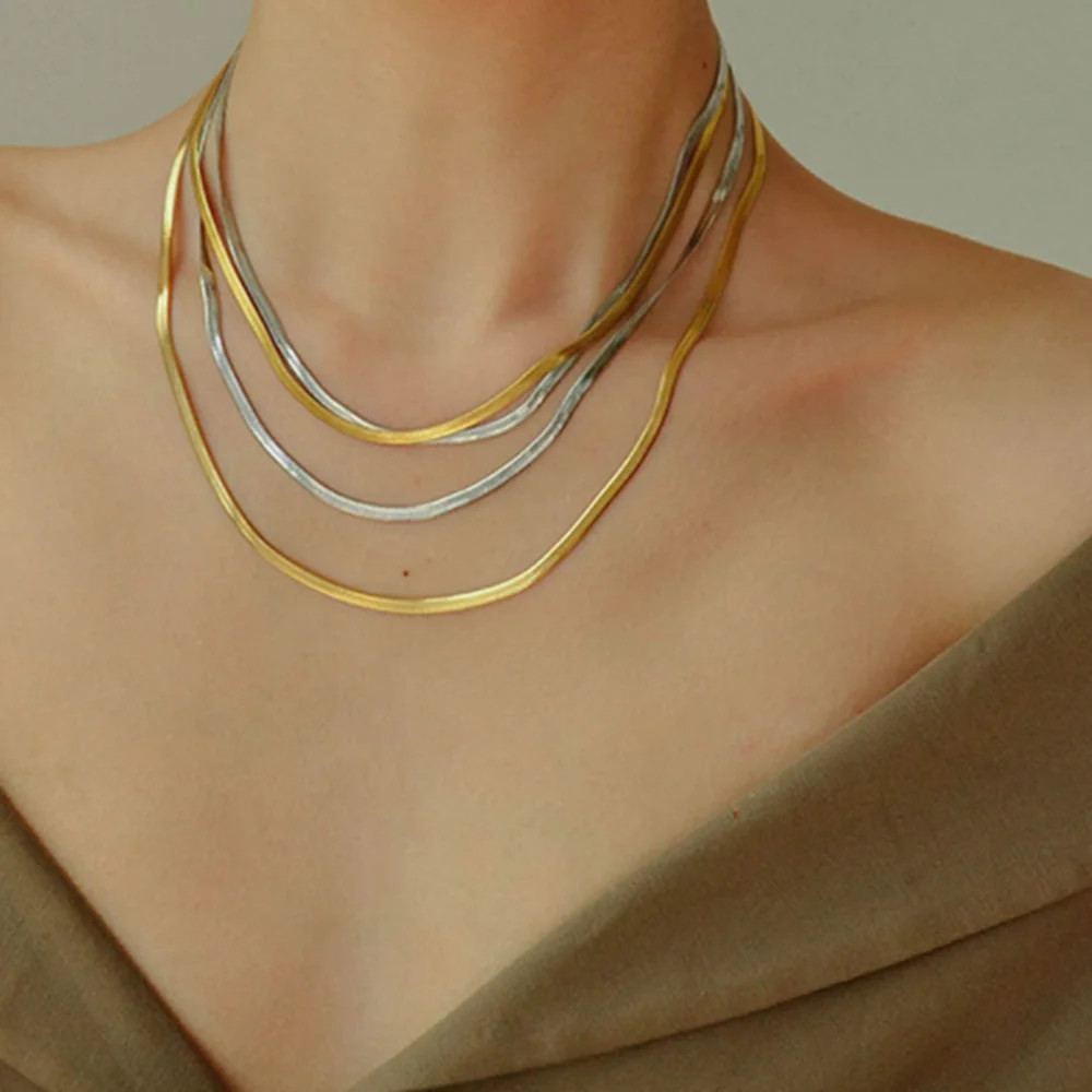 Flat Snake Chain Necklace Stainless Steel Gold Color Smooth Finish Jewelry