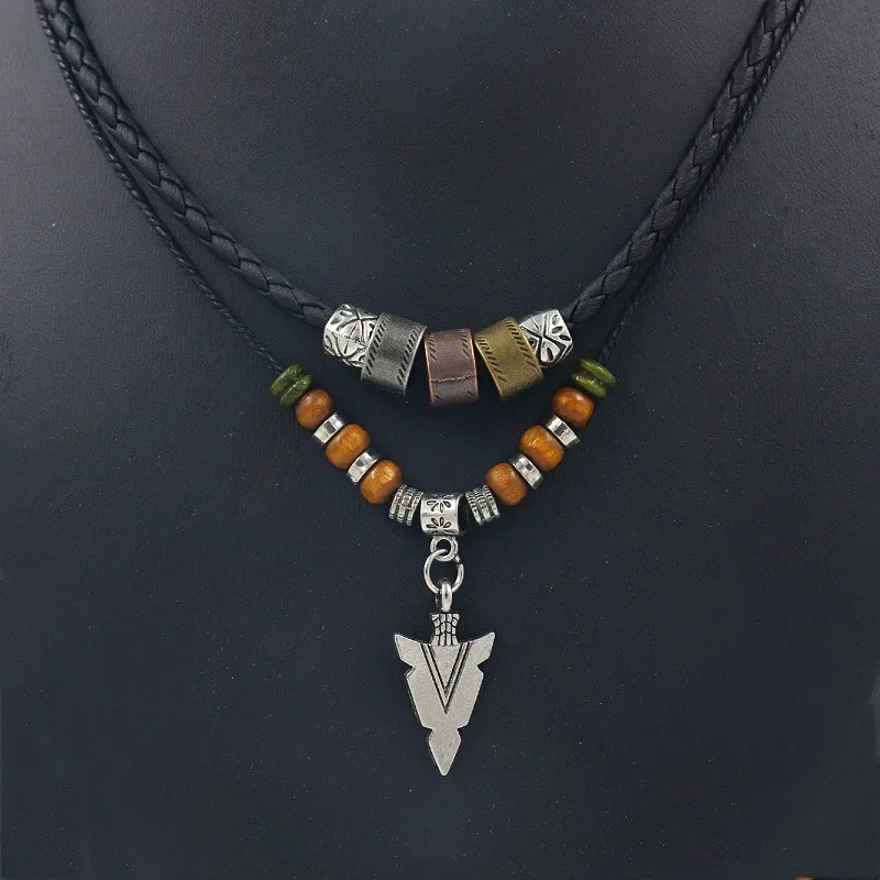 Layered Leather & Beaded Necklace – Vintage Tribal Arrow Pendant for Men