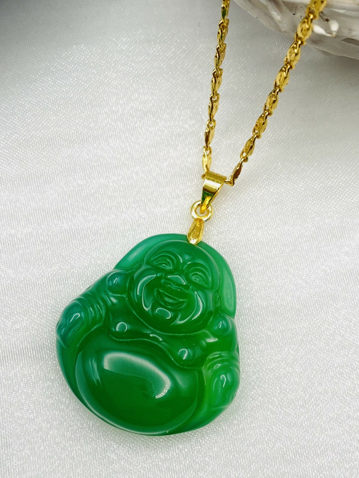 Jade Smiling Buddha Pendant Charm Necklace W/ 18K Gold Plated Chain Handmade