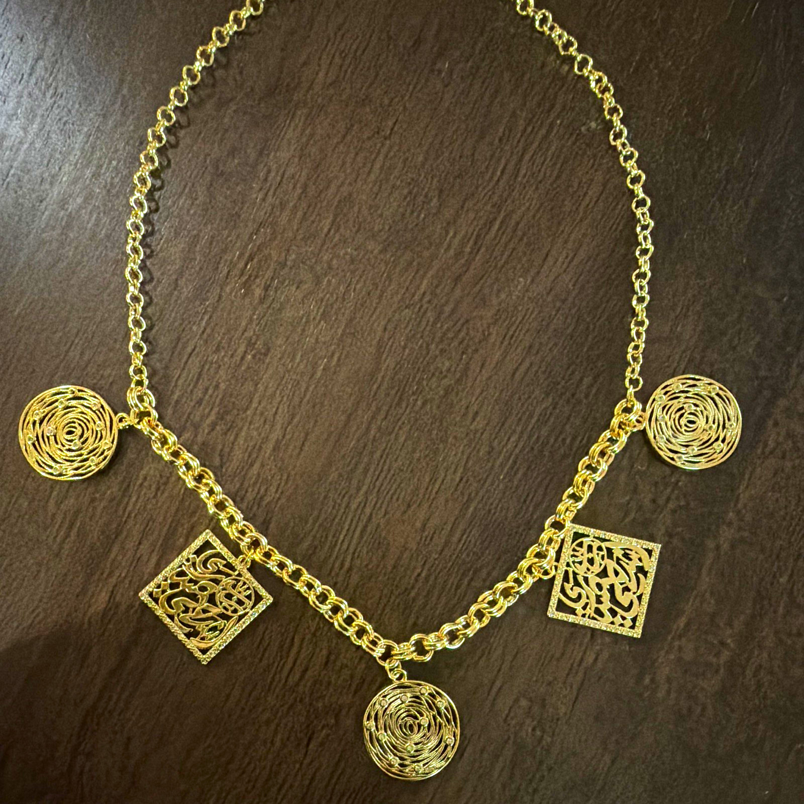 Gold Tone Cable Chain Charm Necklace Filigree Square & Disc Pendants Metal