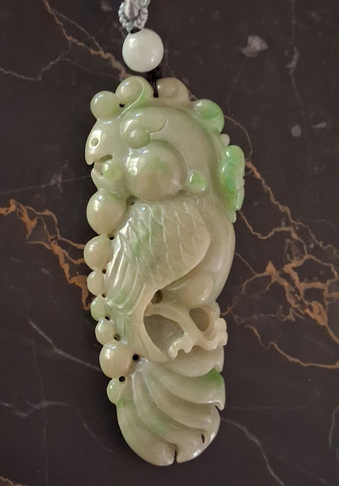 Certified Green Jade Carved Animal Charm Pendant Necklace on Cord Asymmetrical