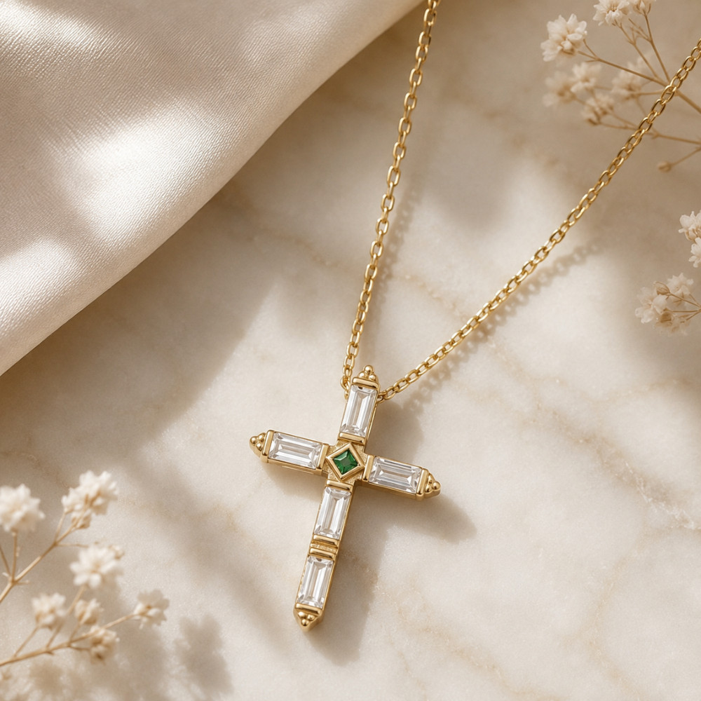 16″ + 2″ White and Green CZ Cross Necklace