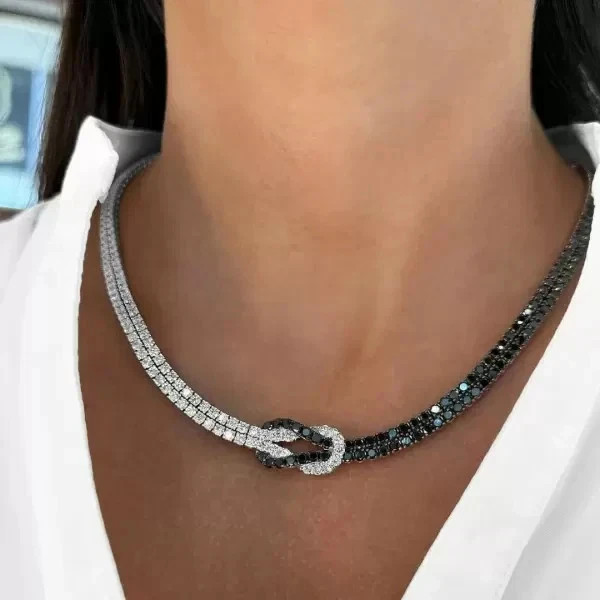 18Ct Round Cut Simulated Black Diamond Knot Necklace 14K Two Tone Gold Plated