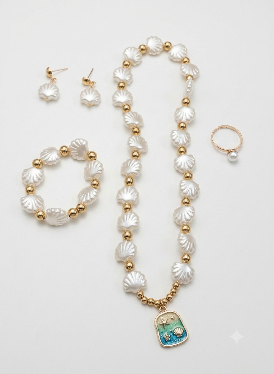 Women Pearl Shell Jewelry Set Beach Ocean Charm Necklace Earrings Bracelet Ring