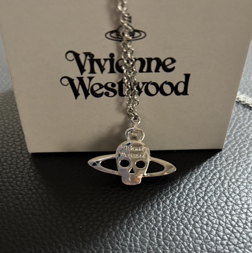 Vivienne Westwood Necklace Double Chain Skull Orb Silver 3cm x 2.5cm 48cm NO BOX