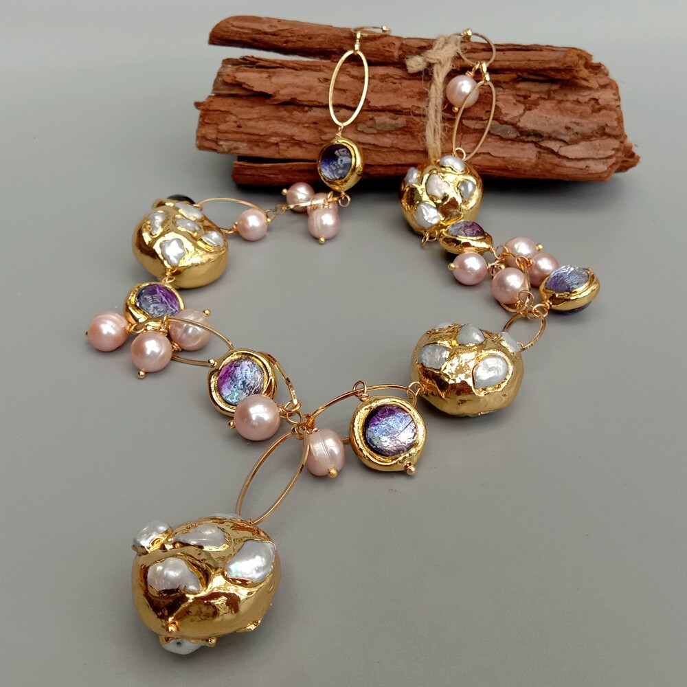 White Keshi Pearl Pink Pearl Purple Murano Glass Chain Pearl Y-Drop Necklace