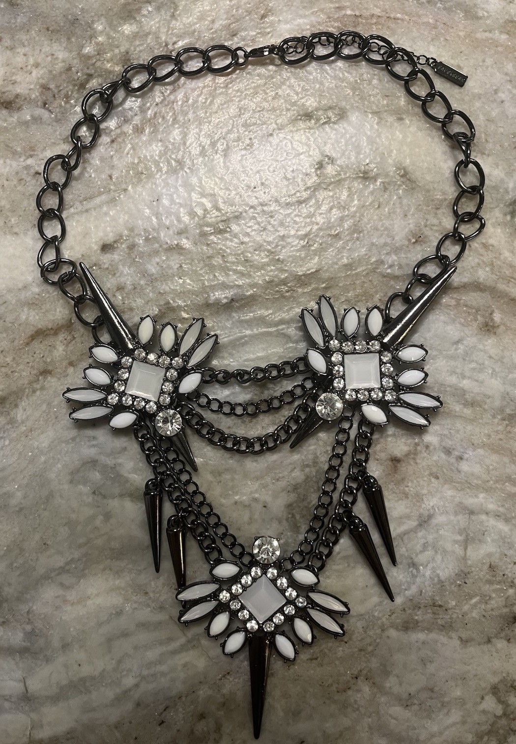 BAUBLEBAR Bib Necklace White Black Bold Statement Chains Spikes Rhinestone Drama