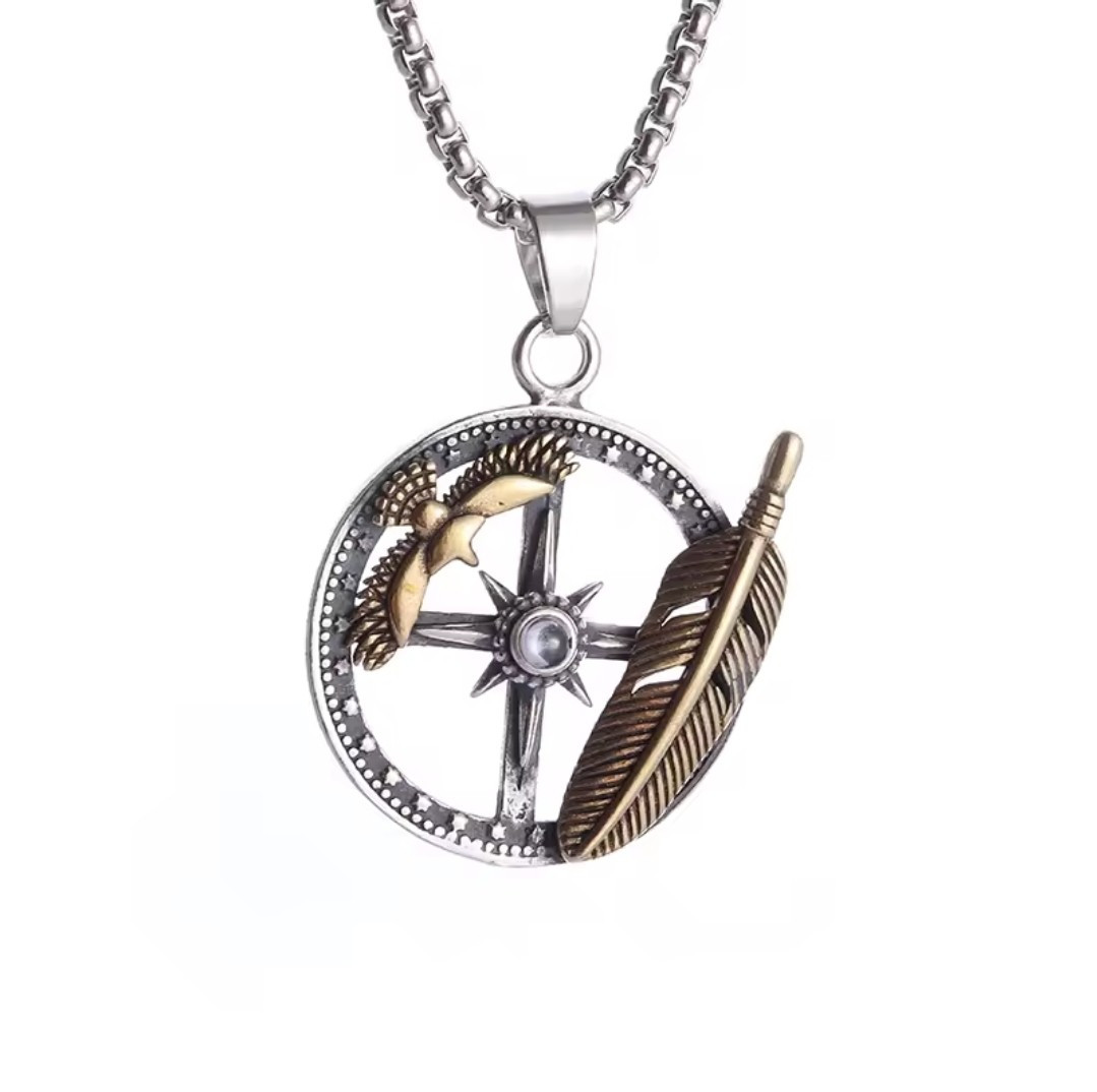 Men’s Fashion Feather Eagle Compass Pendant and 22″ Necklace 5-2B