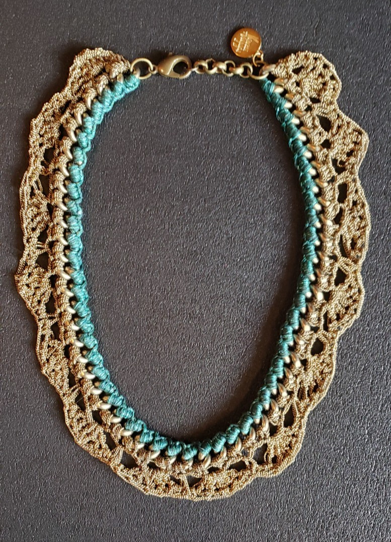 VENESSA ARIZAGA NECKLACE/CHOKER – WOVEN BRASS CHAIN MESH – SILK/COTTON BRAIDED
