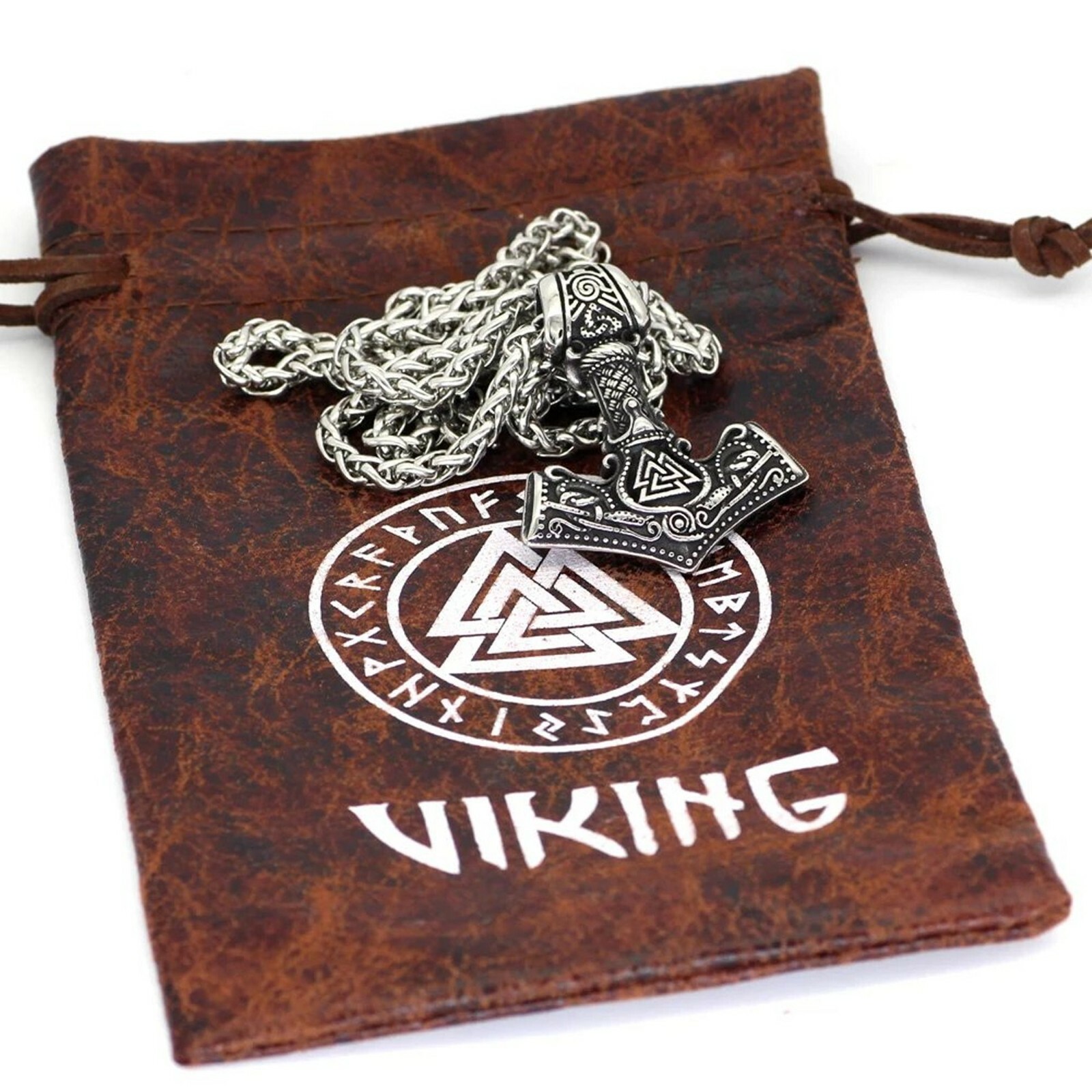 Norse Valknut Thors Hammer Necklace Silver Stainless Steel Viking Pendant Chain