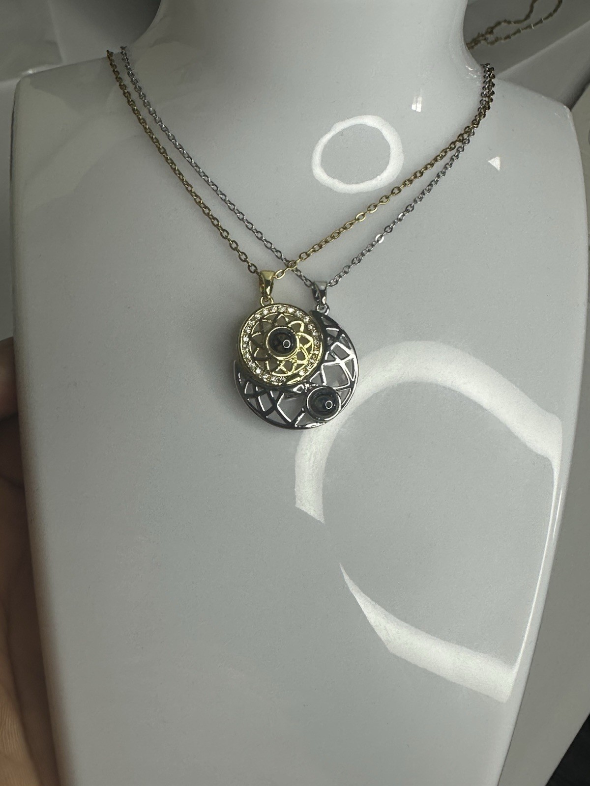 Geometric Round Pendant Layered Necklace Simulated Black Crystal, Gold/Silver