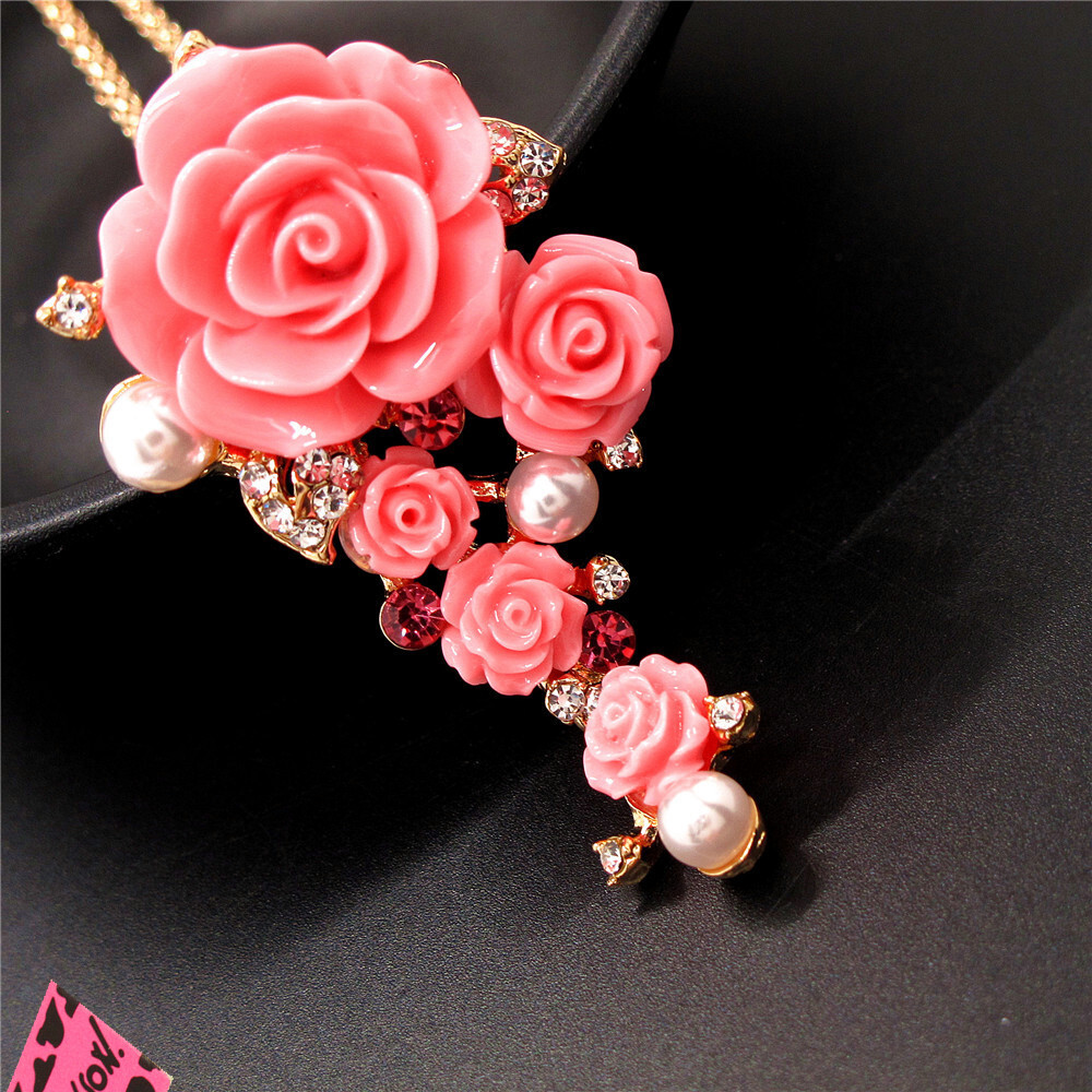 Fashion Women Pink Acrylic Resin Pearl Rose Crystal Pendant Chain Necklace