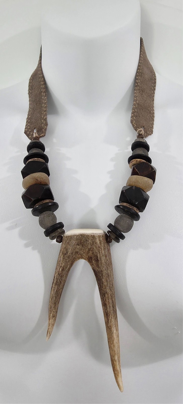 Twine & Twig Genuine Deer Antler Statement Necklace Boho Suede Leather 24″