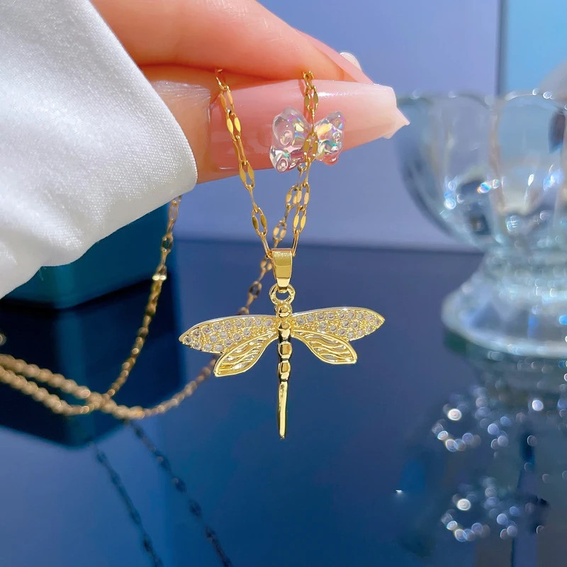 14k yellow gold plated dragon fly necklace pendant simulated diamonds 18” chain