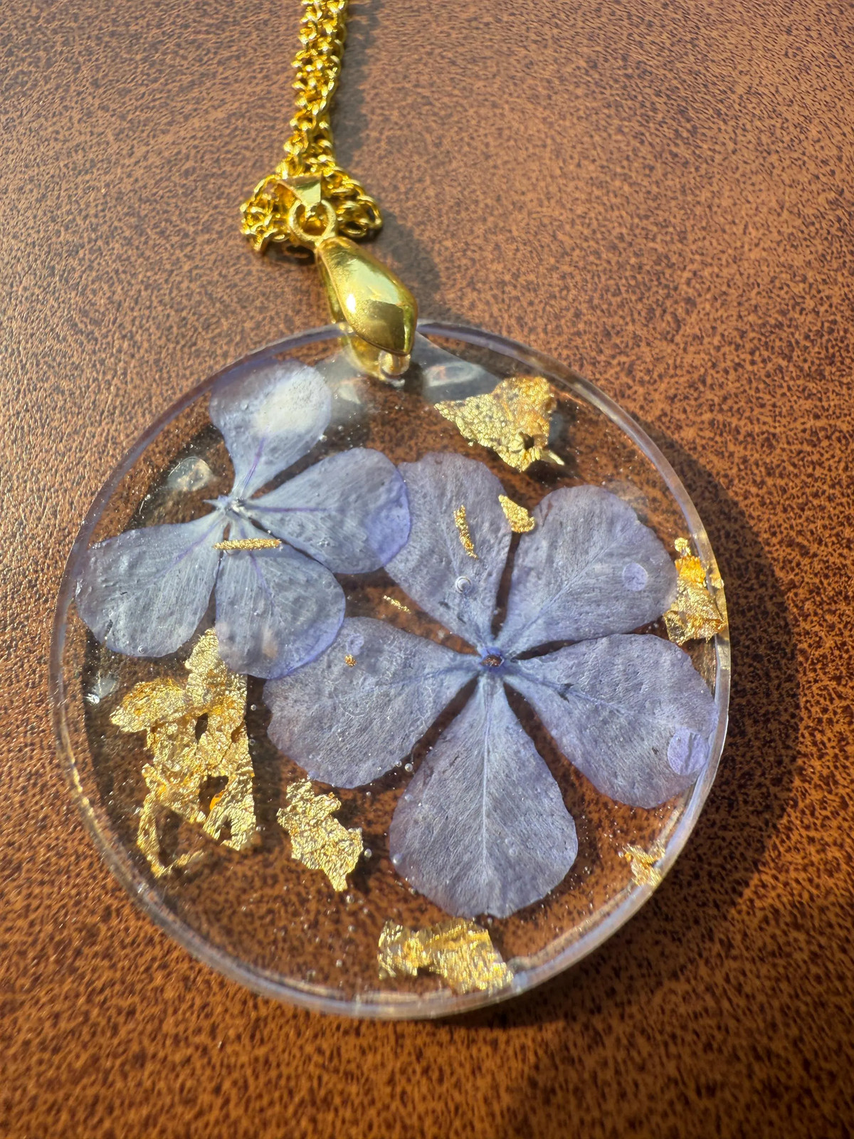 Real Purple Flower Resin Necklace | Gold Flake Design | Stainless Steel Chain