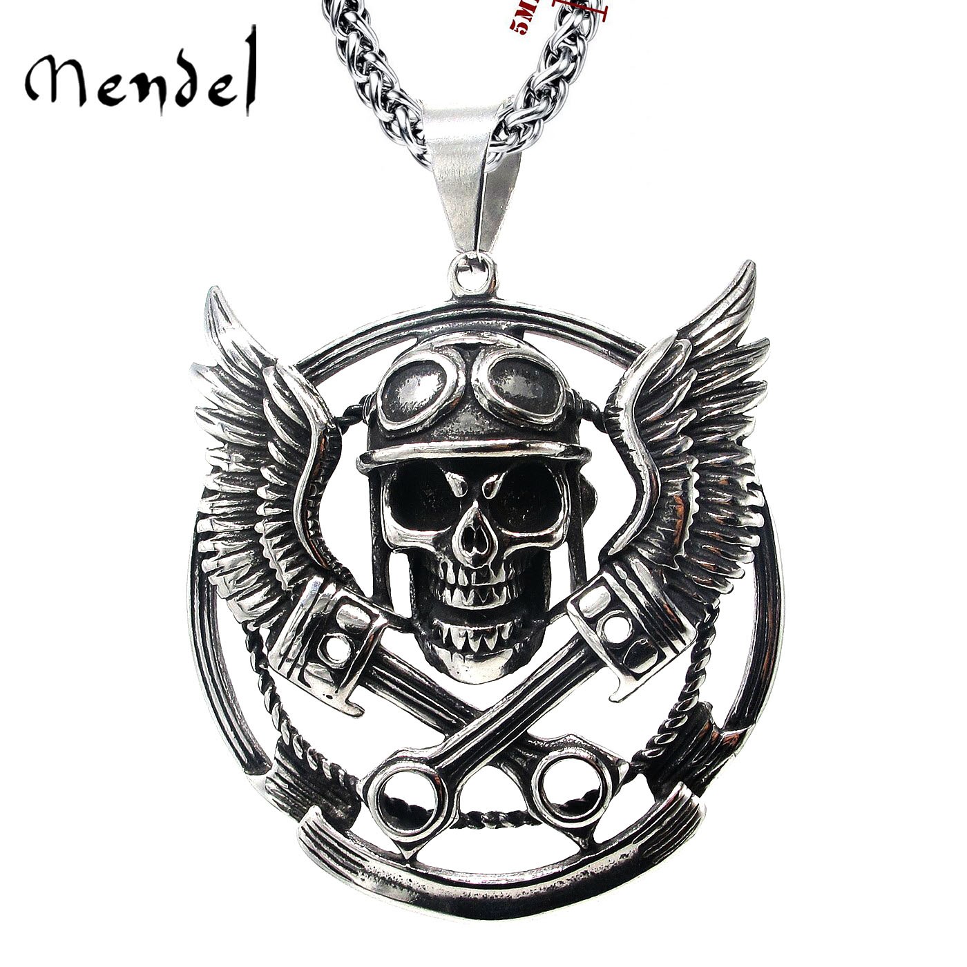 MENDEL Mens 30 Inch Motorcycle Club Biker Skull Pendant Necklace Stainless Steel