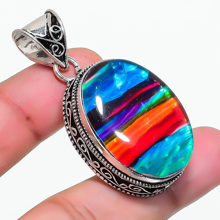 Dichroic Glass Oval Shape Gemstone Pendant Handmade Vintage Jewelry 2.1″ VP 3541