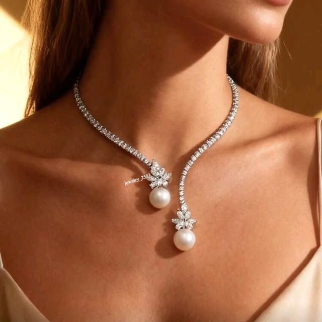 Valentine Simulated Diamond Luxury Party Wear Pearl Lariat 18″ Necklace 925 SS