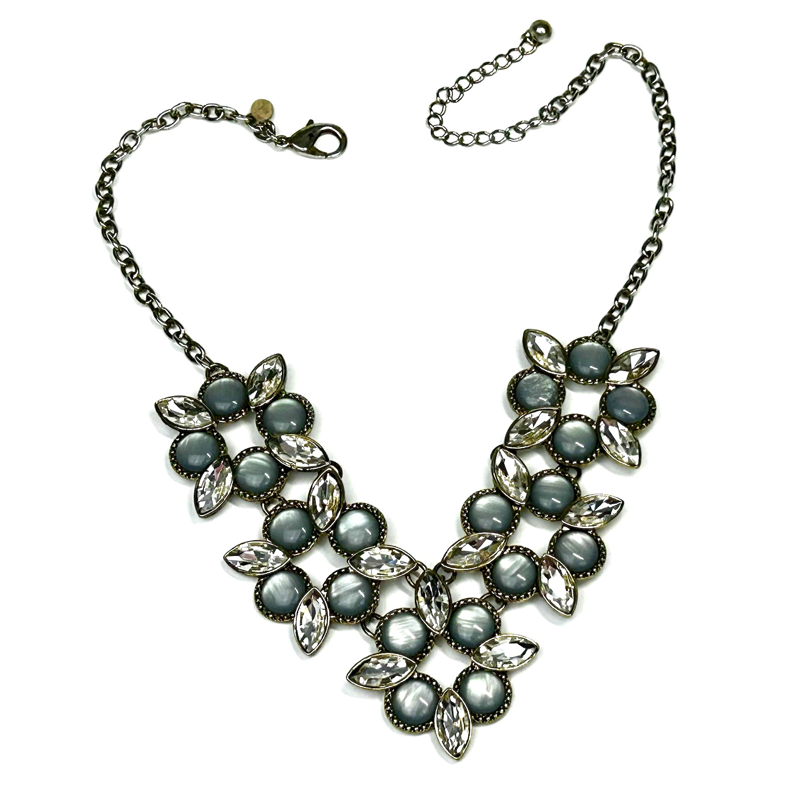 Gray Acrylic Rhinestone Necklace Crystal Flower Chunky Statement Bib Costume