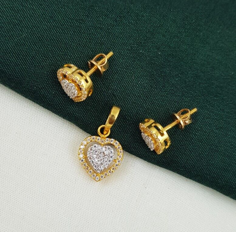 22K Gold Pendant With Earrings Set Wedding Women Heart Motif Pendant Necklace CZ