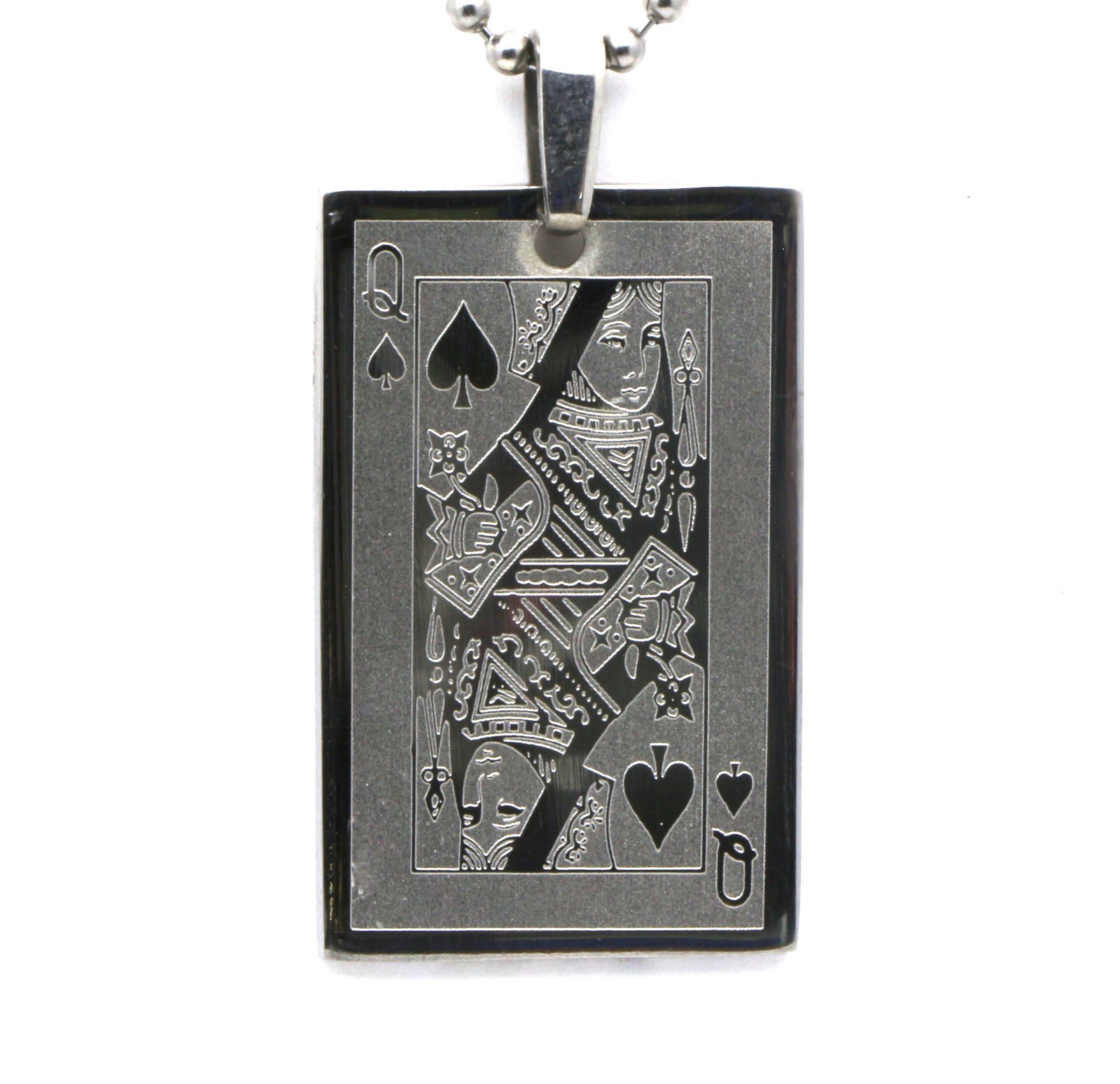 Queen of Spades Card Design Metal Beaded Necklace – 4 x 2.5 cm Pendant