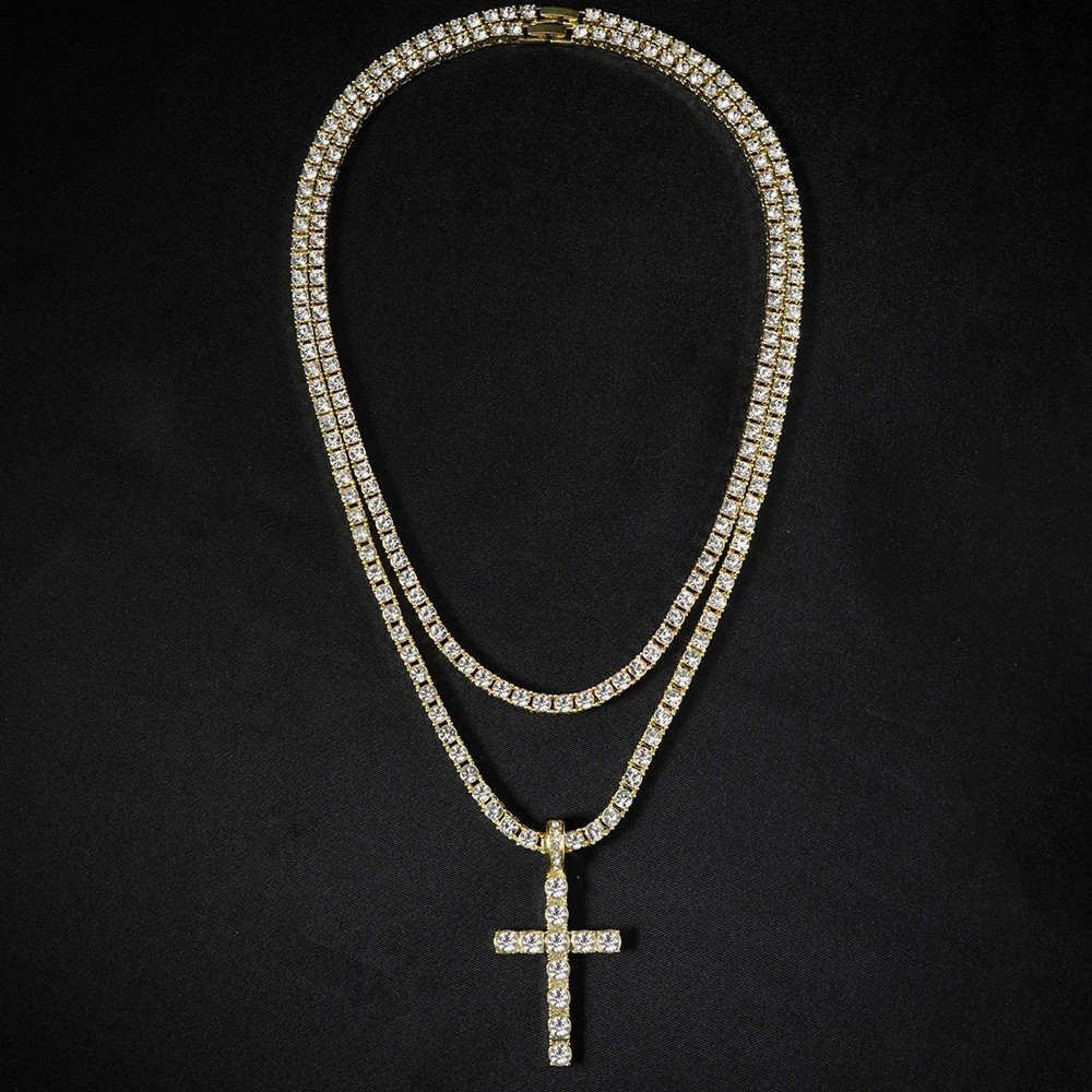 Iced Out Cross Pendant Tennis Chain Necklace Silver Gold CZ Hip Hop Men Women