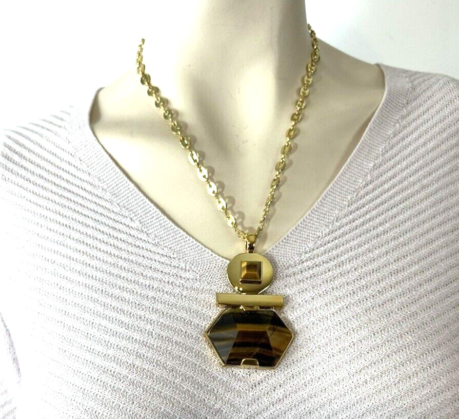 Vince Camuto Gold Tone Tiger’s Eye Necklace Geometric Pendant NWT $98