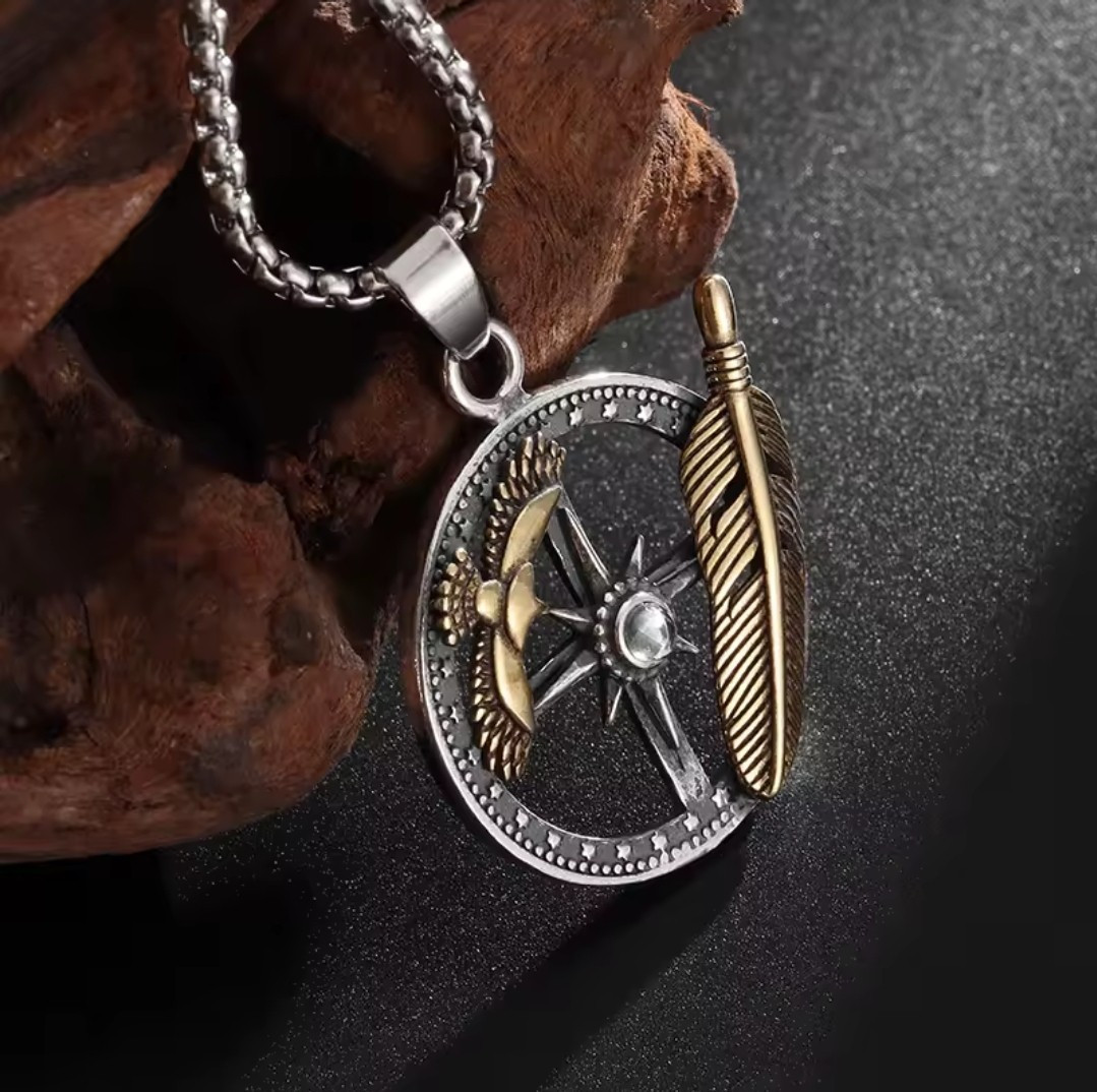 Men’s Fashion Feather Eagle Compass Pendant and 22″ Necklace 5-2B