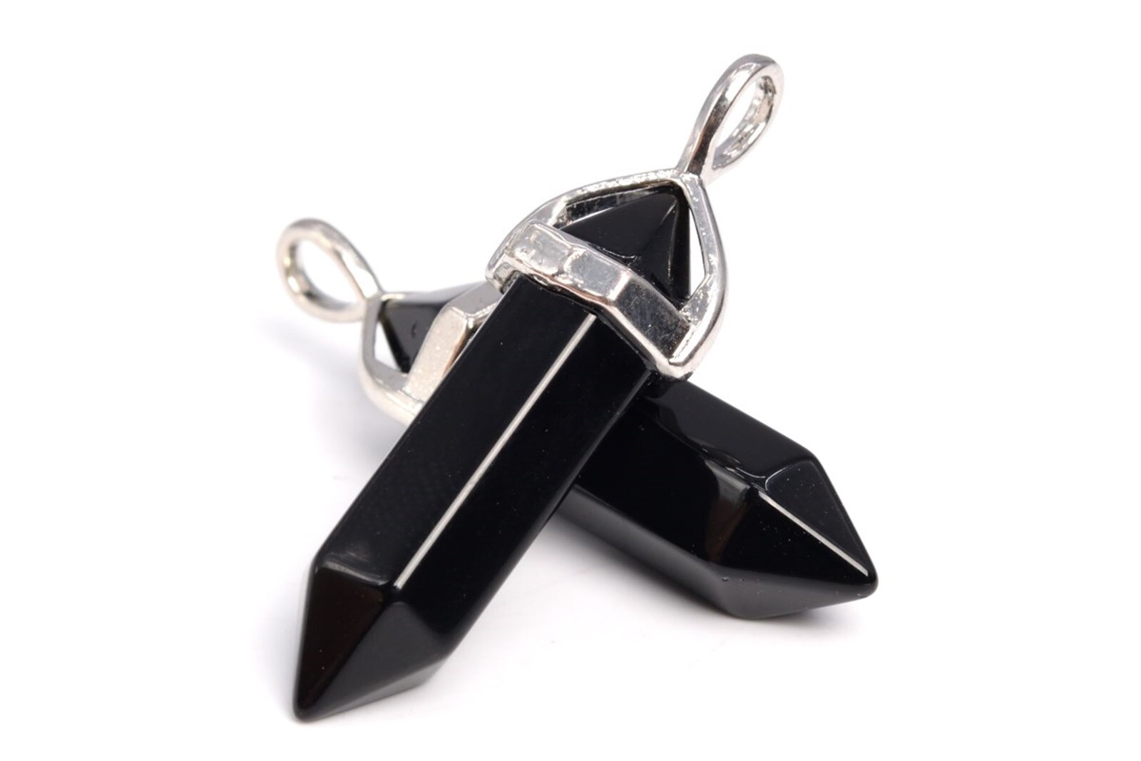 2 Pcs 46x8MM Black Agate Beads Hexagonal Pointed Pendant AAA Silver Plated Cap