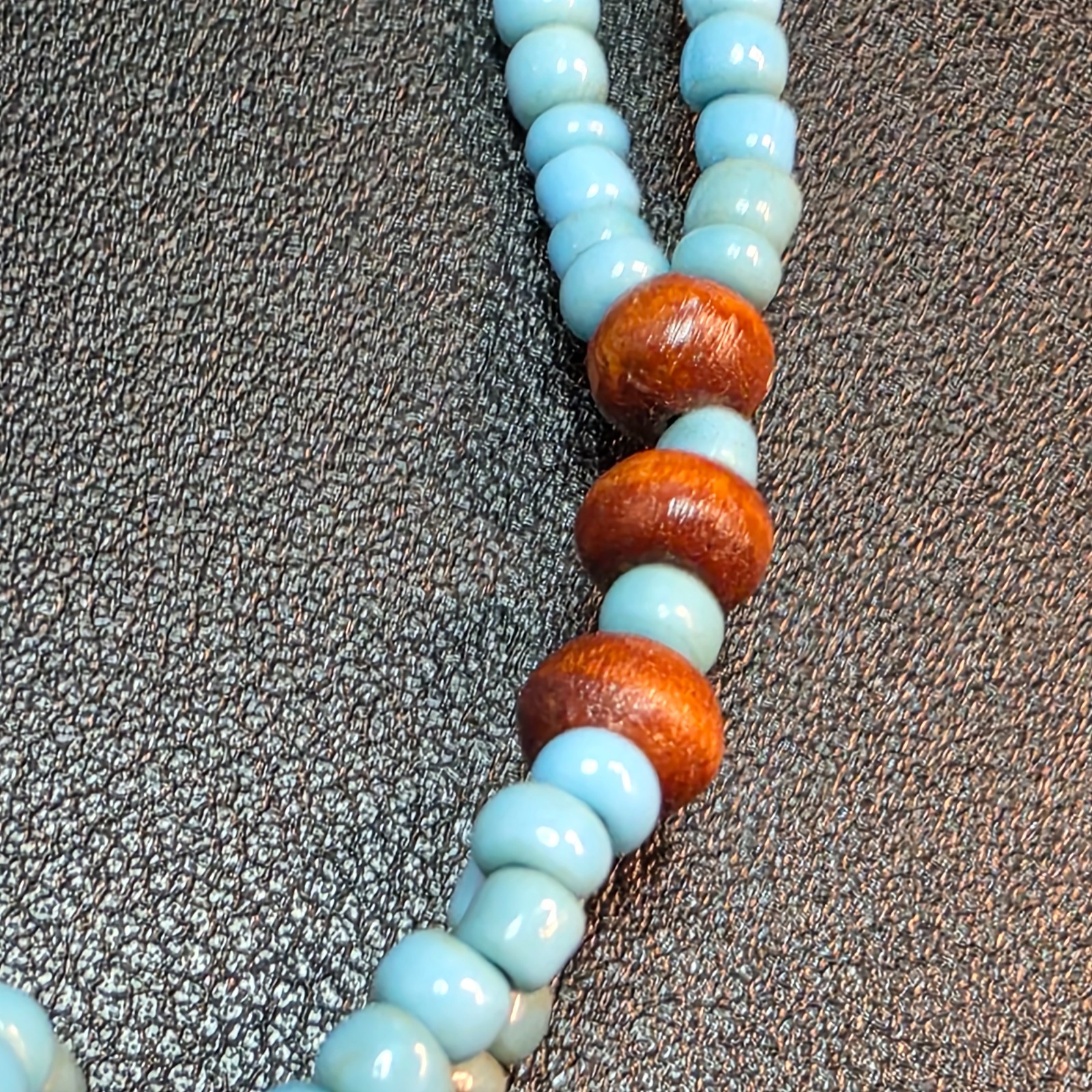 Boho Multi Strand Sky Blue Seed Bead Necklace Wood Accents Brass Ring 30″
