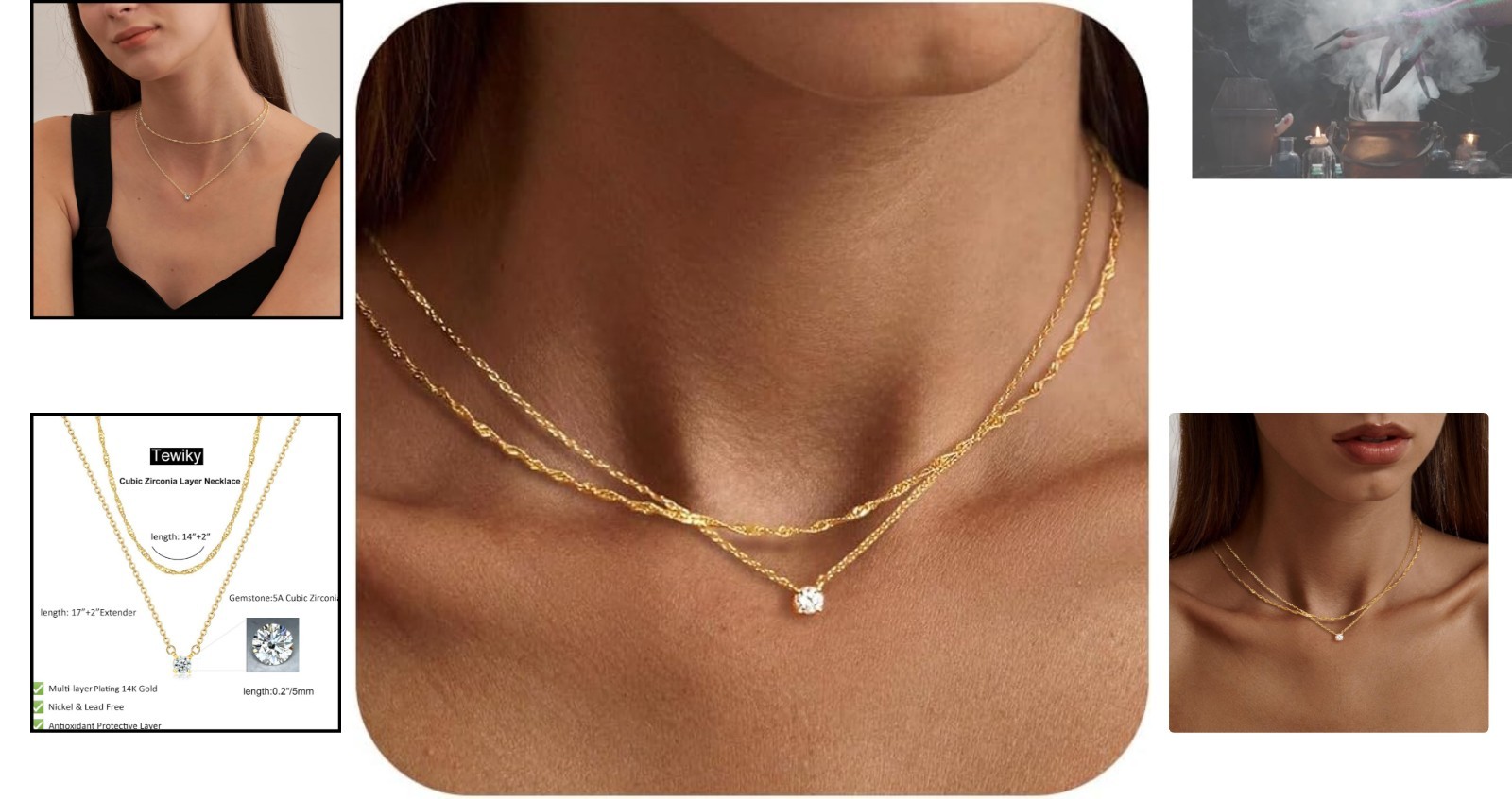Stunning Dainty Layered Chain 14k Gold Plated CZ Necklace for Special Occasions