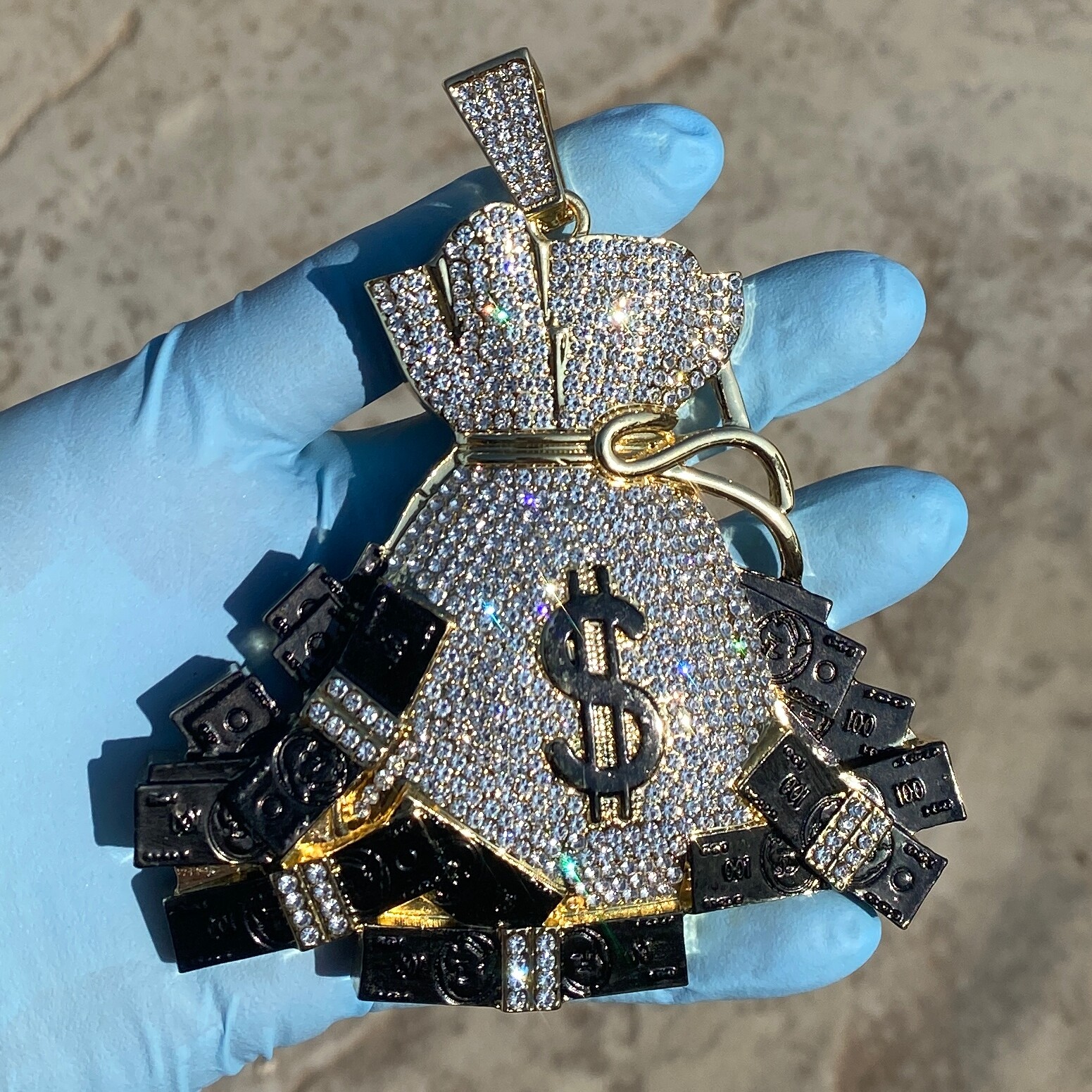 Huge Money Bag Jumbo Hip Hop Pendant Iced 14K Gold Plated Simulated CZ Medallion
