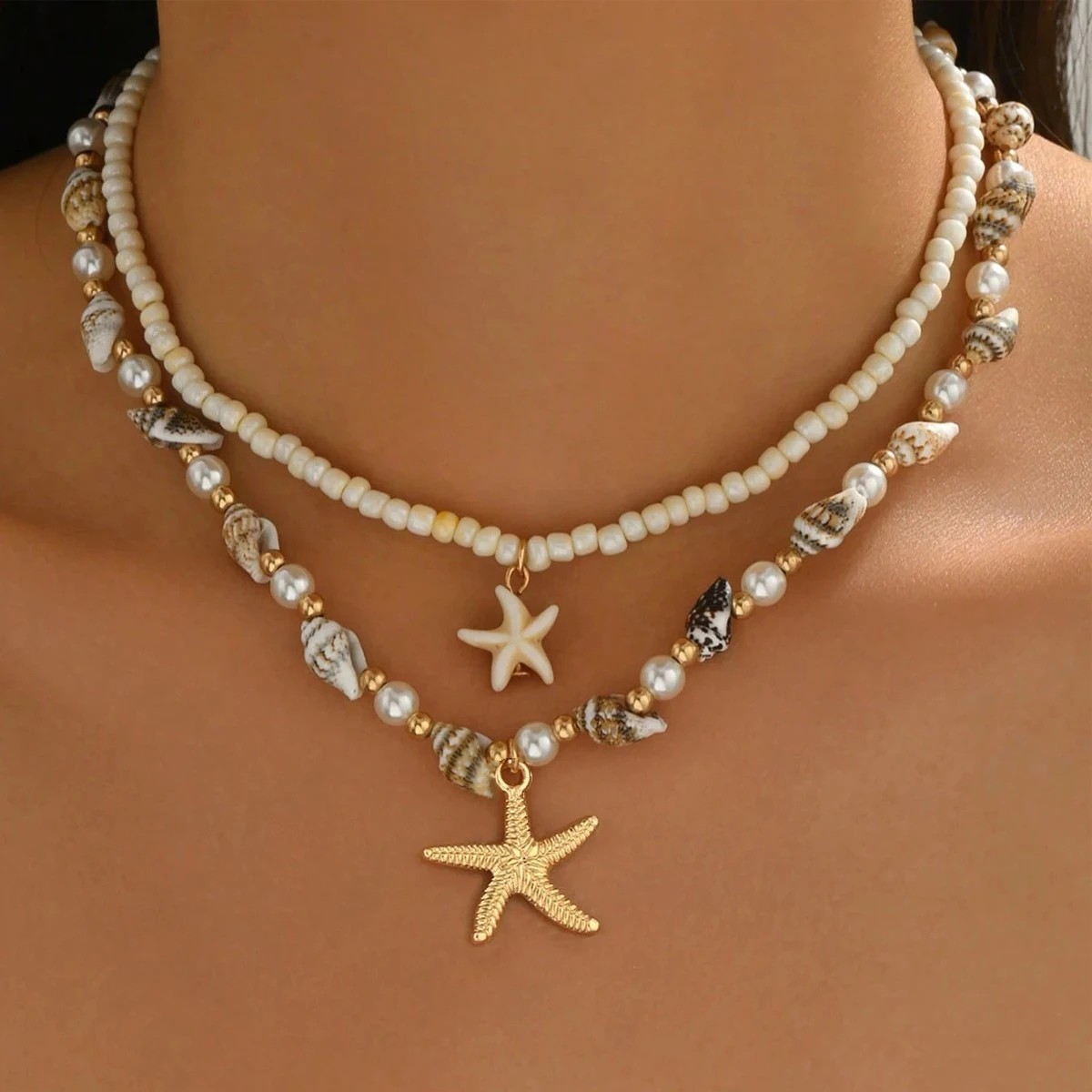 Boho Starfish Shell Beaded Necklace Set 2PCS Beach Pendant Choker for Women