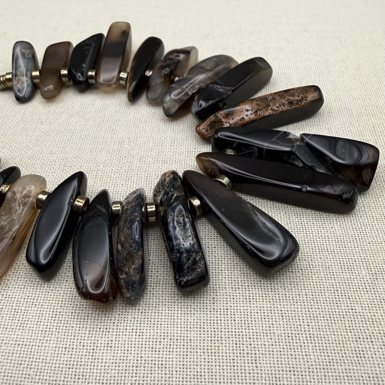 Stone Slice Collar Statement Bib Necklace Brown Black Grey 22″ Artisanal Earthy