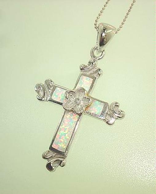 27mm Rhodium 925 Silver White Crystal Lab Opal Hawaiian Plumeria Cross Pendant