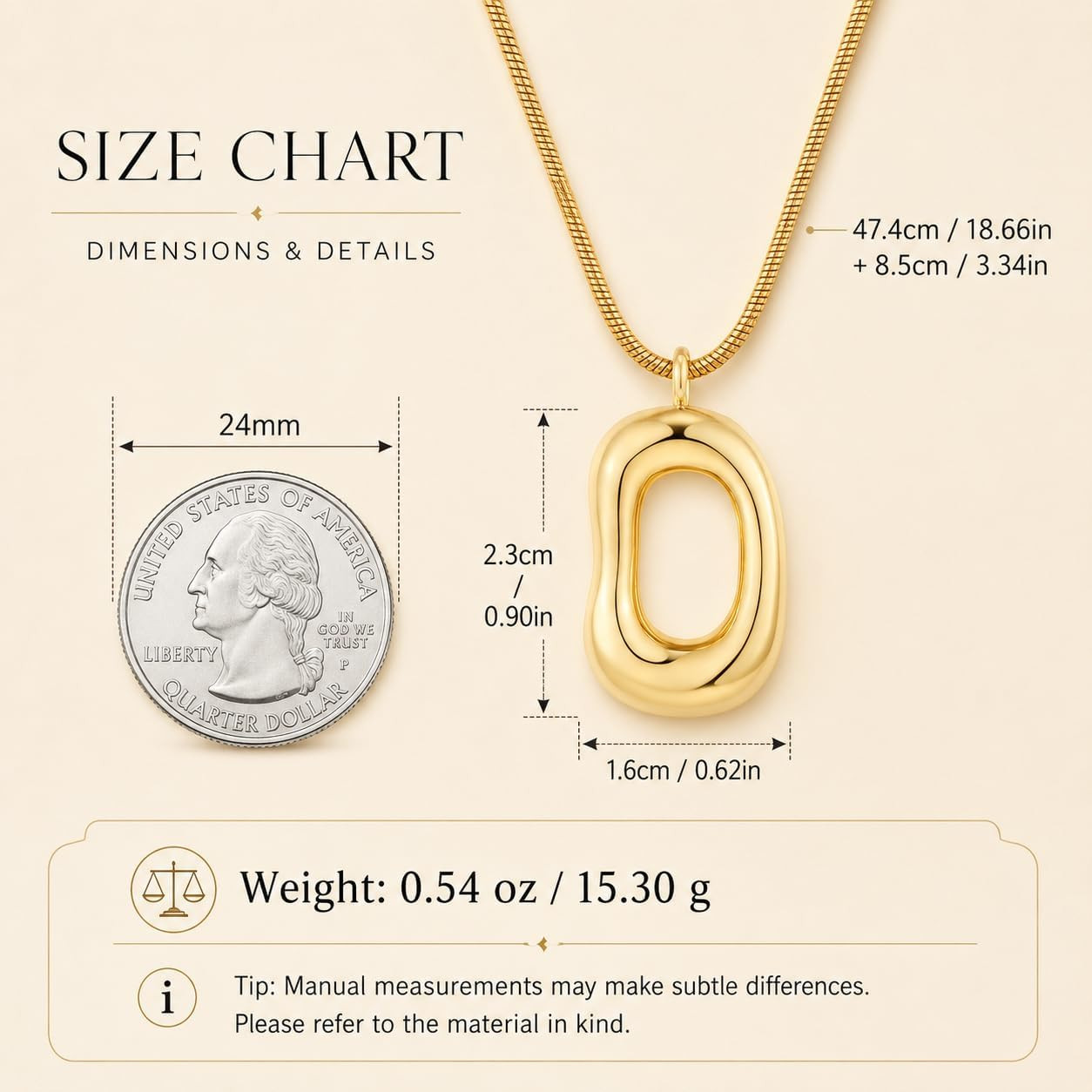 Gold Tone Irregular Oval Pendant Necklace with 14K Gold Plated Chain