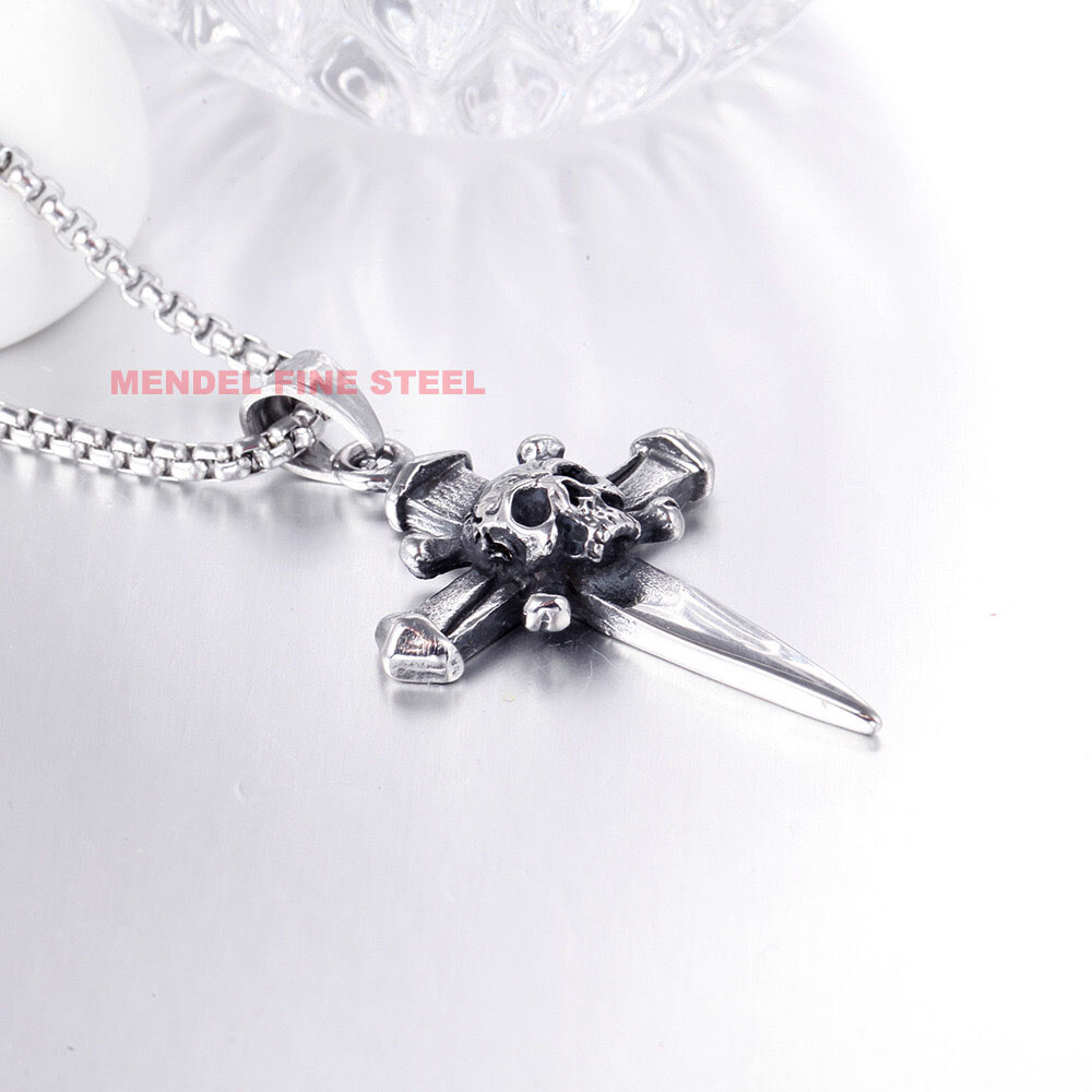 MENDEL Mens Stainless Steel Gothic Biker Skull Cross Pendant Necklace For Men