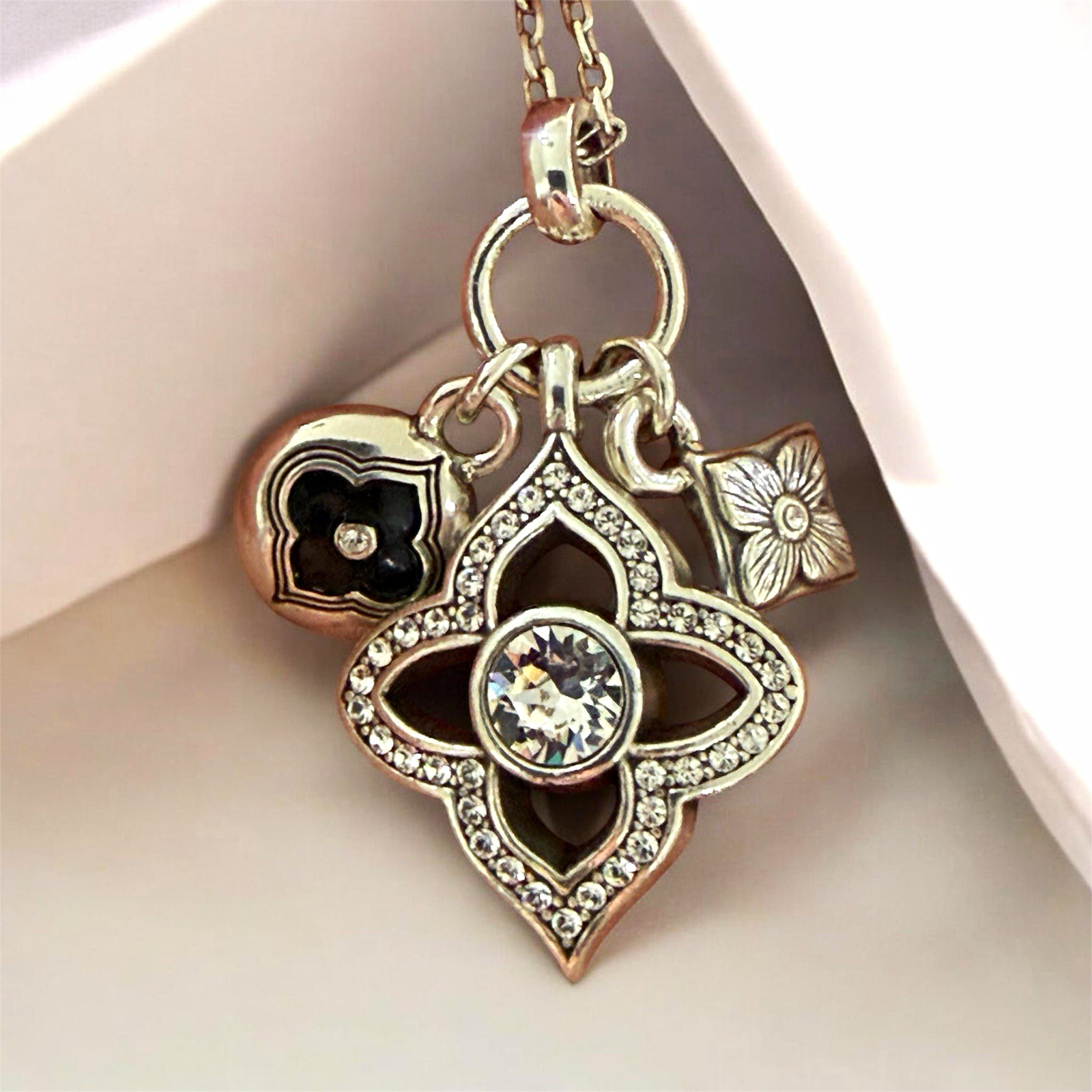 Silver Tone Crystal Flower Charm Pendant Necklace, Adjustable Lobster Clasp