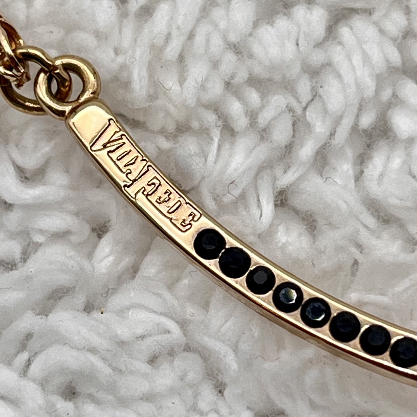 Vita Fede Half Moon Necklace Gold Tone Foxtail Chain Black Stones Signed 15″