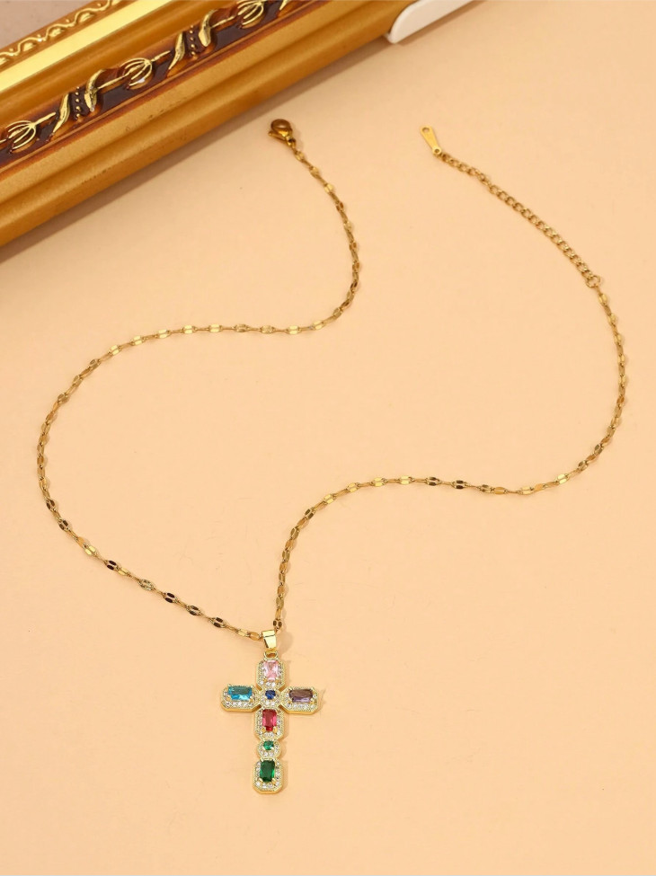 Women Gold Rainbow Cross Necklace Multicolor CZ Crystal Christian Religious Gift