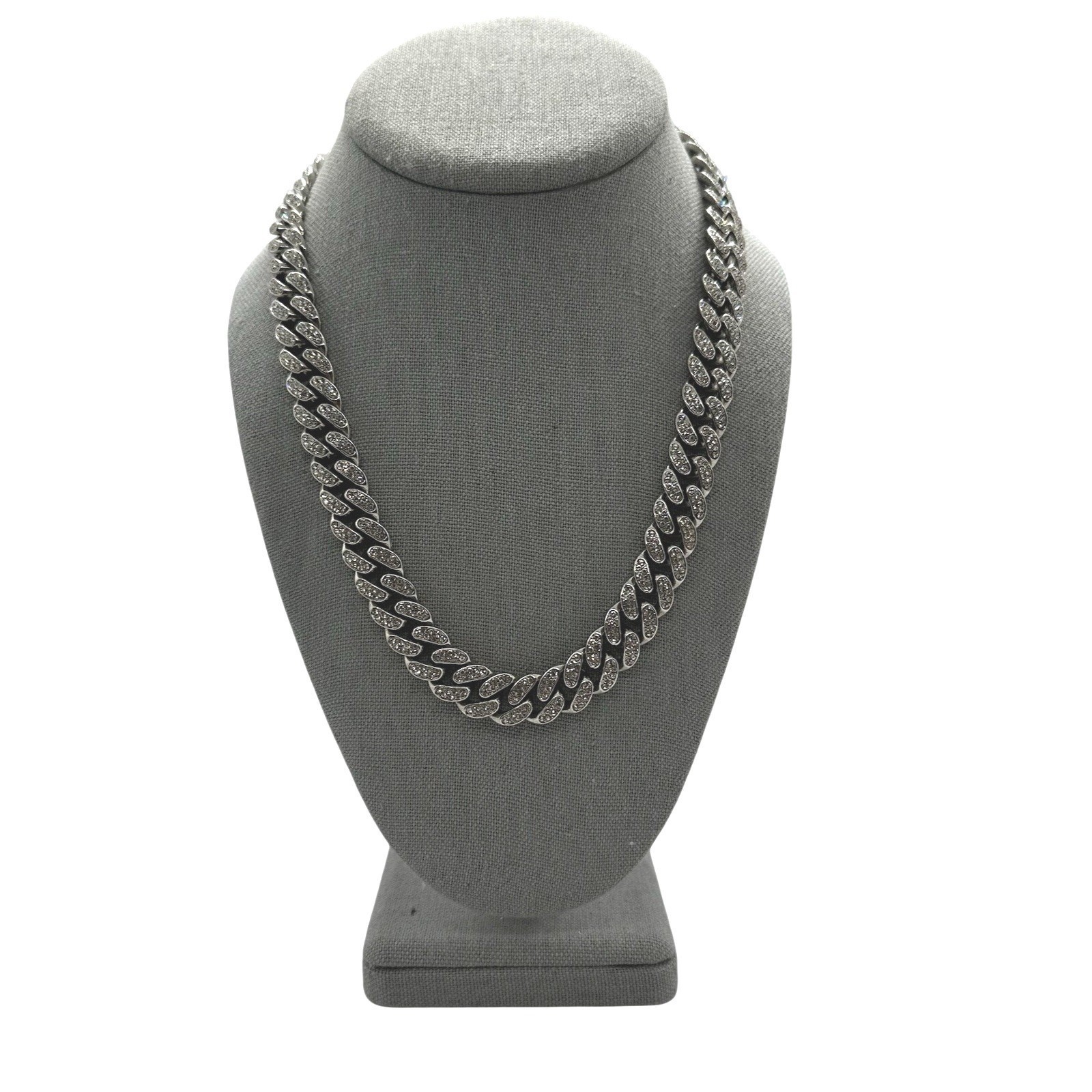 Iced-Out Cuban Faux Link Collar Mens Necklace 1/2″ Wide Chain 18″ Silver Tone
