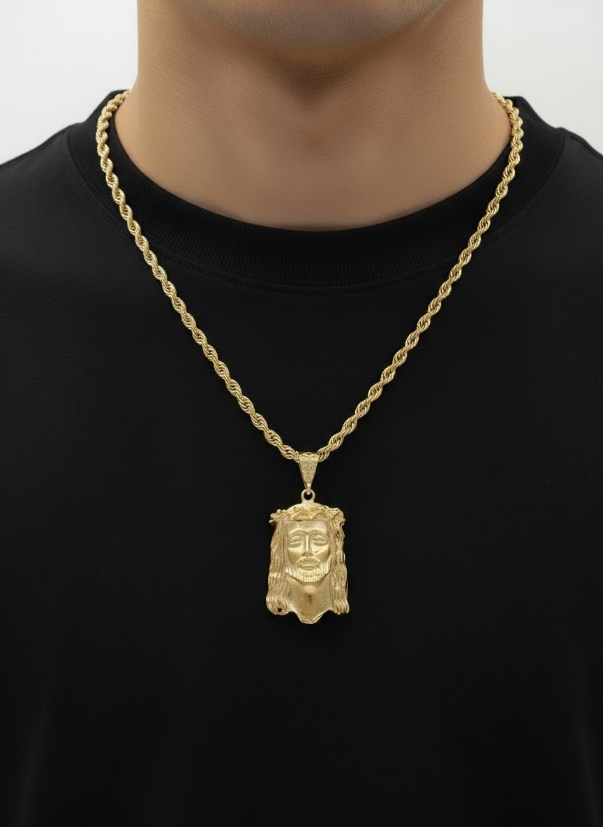 Large Gold Jesus Necklace For Men, 14K Heavy Plated Gold 5mm Rope Chain, No Fade
