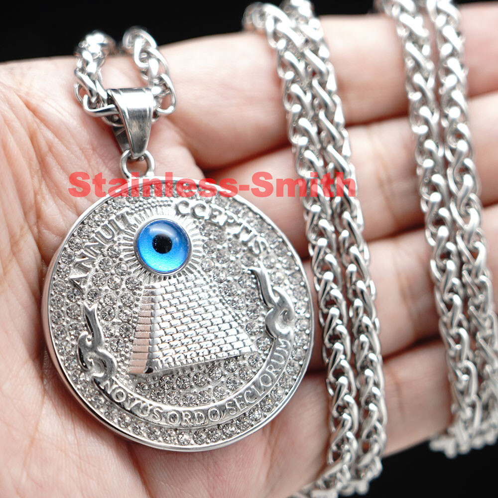 SMITH Mens 30 Inch Bling Silver Pyramid Hip Hop Pendant Necklace Stainless Steel