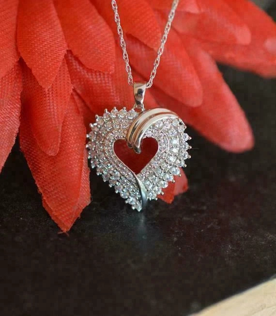 1.00 Ct Round Cut Simulated Diamond Cluster Heart Pendant 14K White Gold Plated