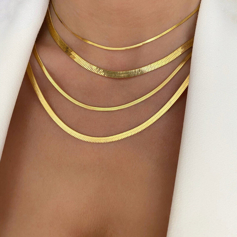 2 Colors Women Men 2-5mm Stainless Steel 18k Gold Plated Herringbone Snake Chain